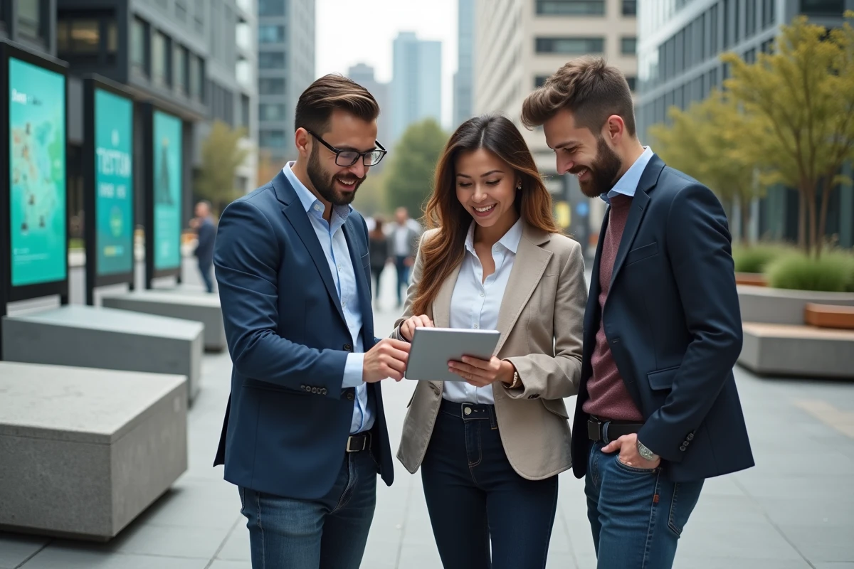 Groupe de professionnels discutant en ville