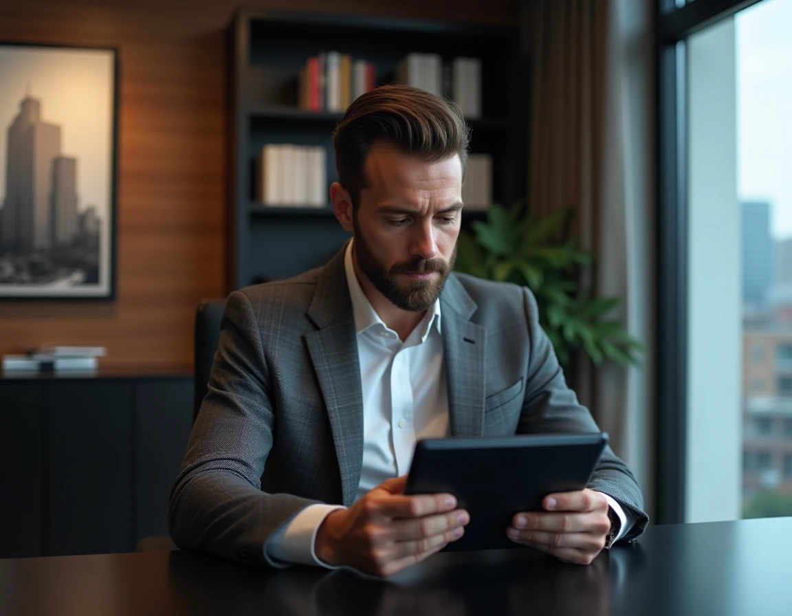 Homme d'affaires en costume gris consultant des prévisions économiques 2024 sur tablette dans un bureau exécutif