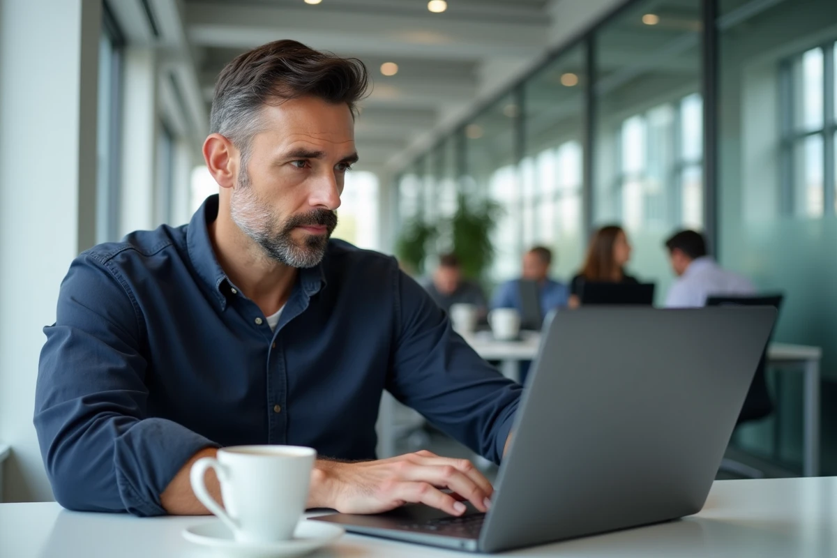 Homme en bureau vérifiant l'orthographe d'un mot en français sur son ordinateur portable