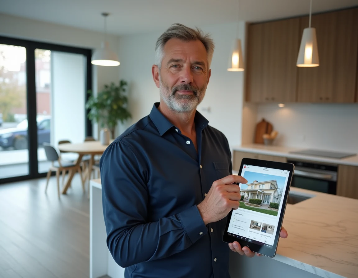 Homme consultant des annonces immobilières sur une tablette dans une cuisine moderne