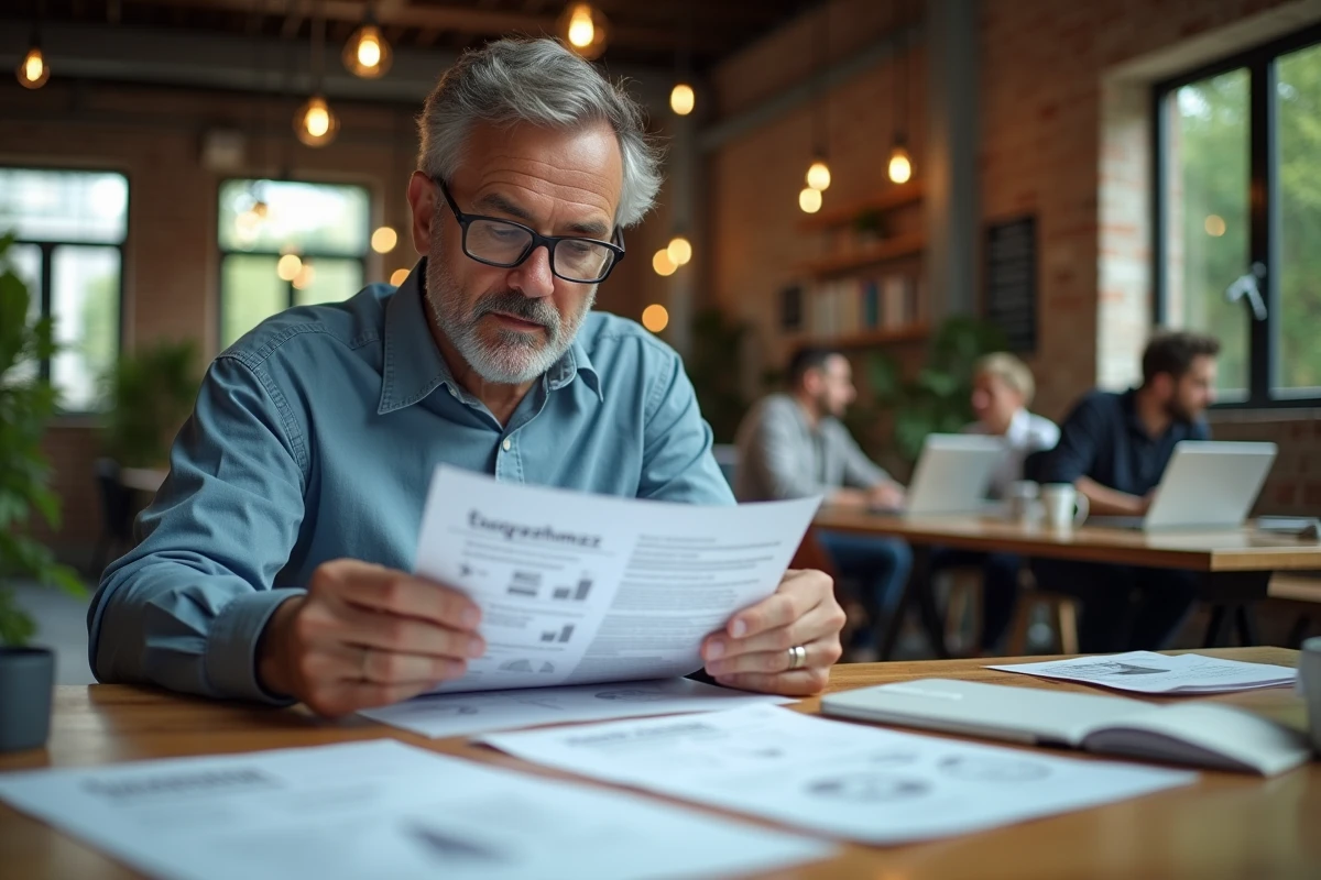 Homme analysant un rapport dans un espace de coworking