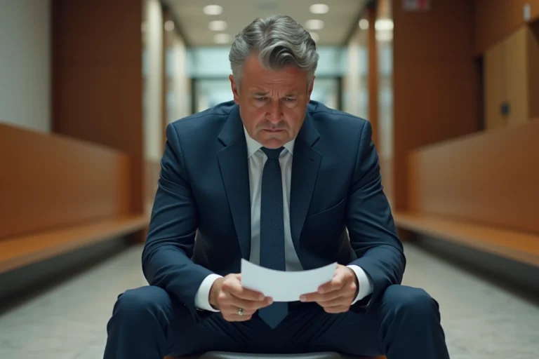 Homme inquiet en costume dans un tribunal moderne