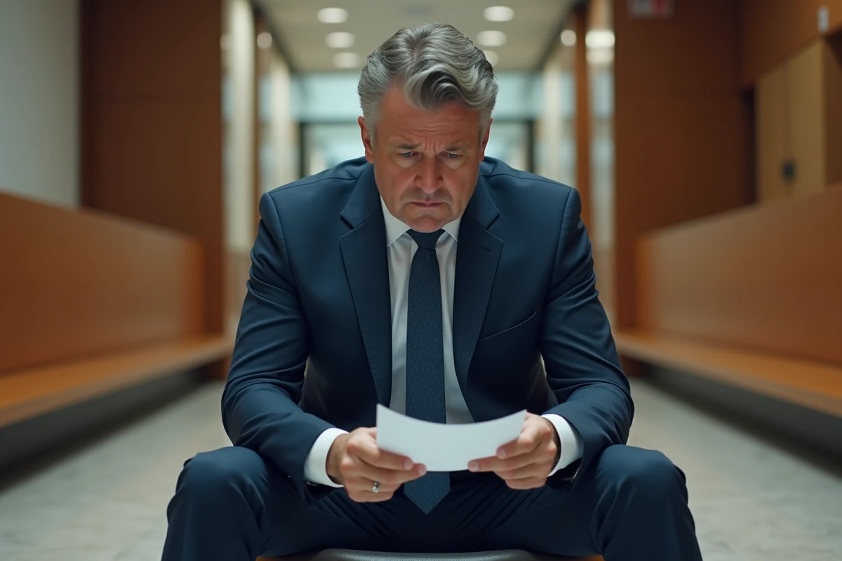 Homme inquiet en costume dans un tribunal moderne