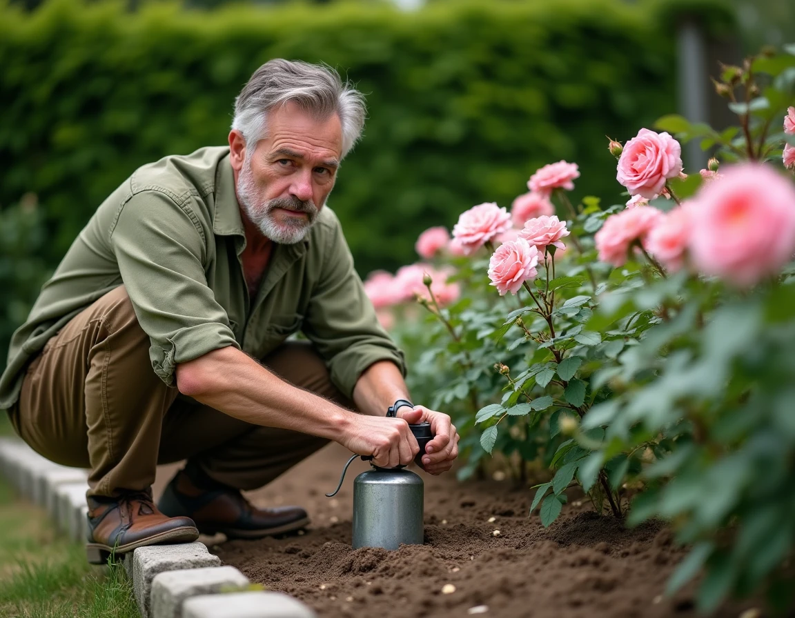 Homme inspectant des rosiers traités au purin d'ortie avec un pulvérisateur dans un jardin résidentiel soigné