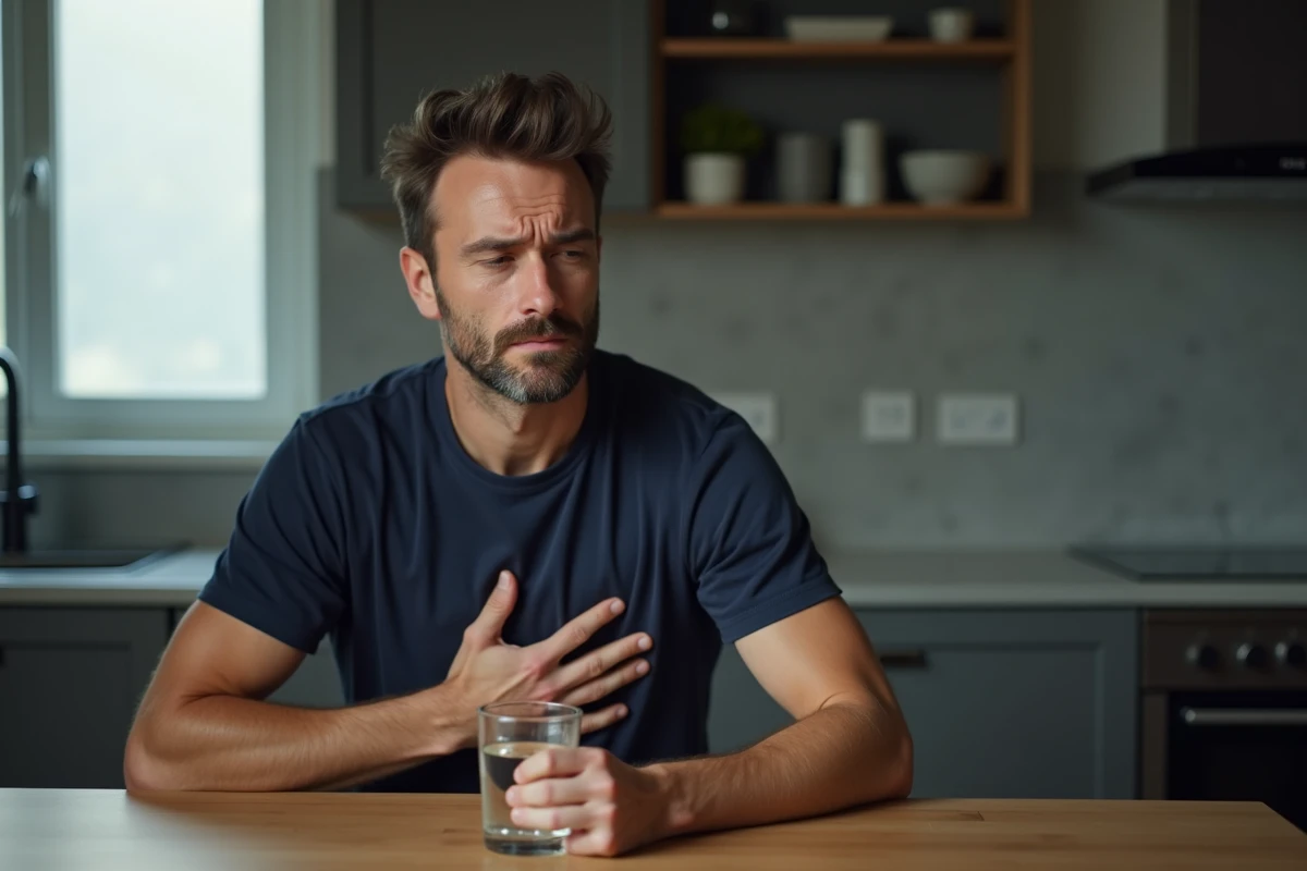 Homme assis à une table de cuisine ressentant des malaises liés au nerf vague coincé
