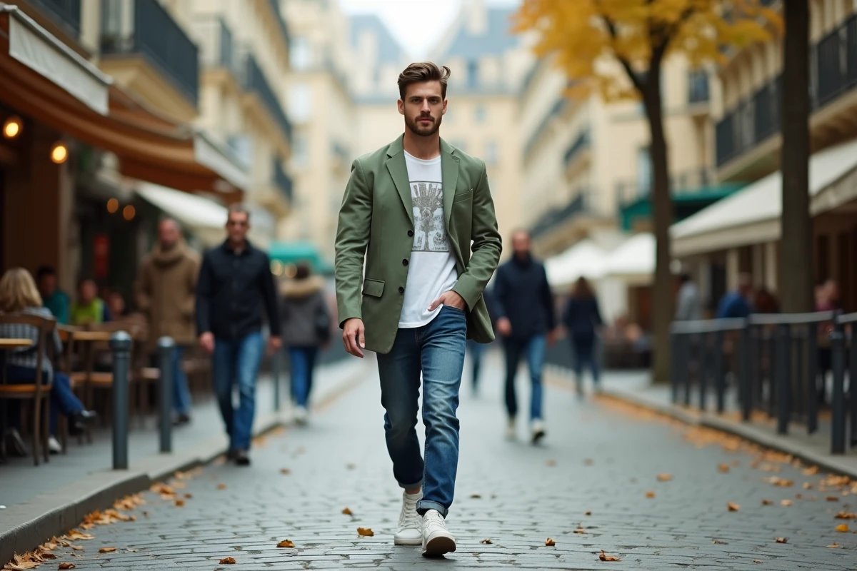 Homme en tenue streetwear raffinée marchant sur les pavés d'une rue européenne en automne