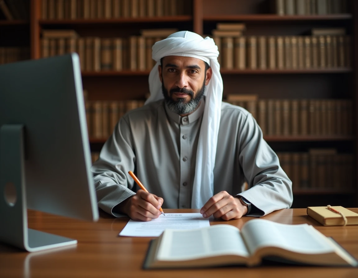 Imam âgé conduisant un contrat de mariage islamique à distance depuis son bureau, entouré de livres de jurisprudence et d'un contrat de nikah manuscrit
