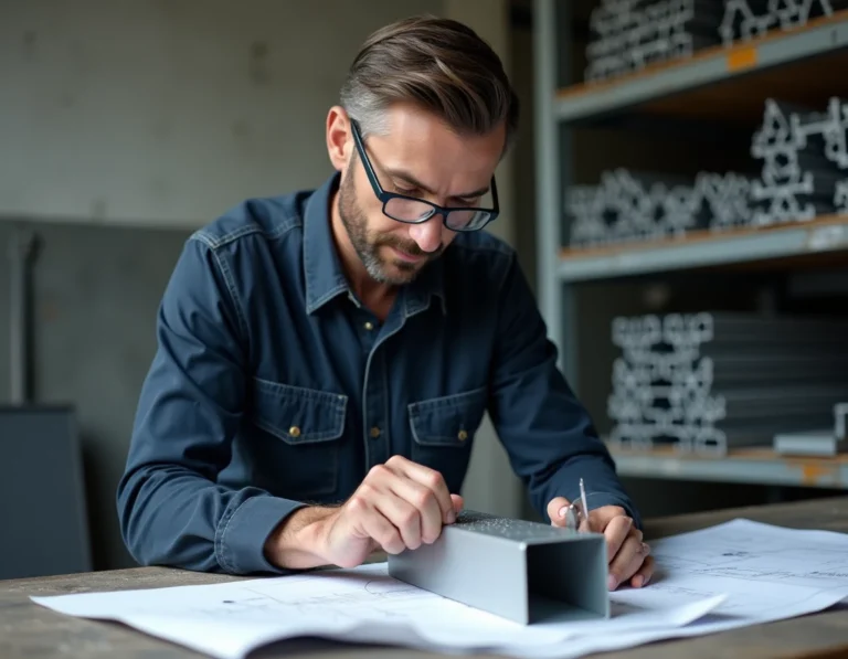 Ingénieur mesurant un tube rectangulaire en aluminium avec un pied à coulisse dans un atelier industriel