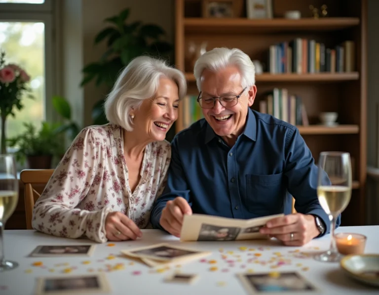 Couple de seniors joyeux célébrant leurs 40 ans de mariage autour d'une table décorée avec des invitations humoristiques et des photos souvenir