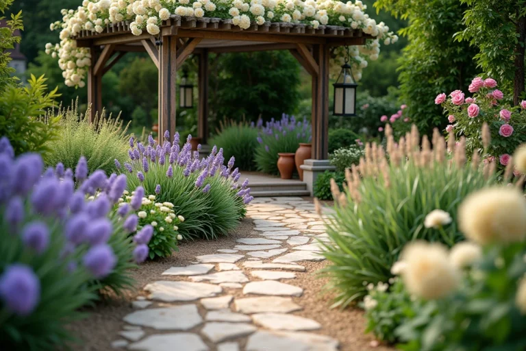 Jardin résidentiel fleuri avec allée en pierre, pergola en bois et plantes colorées pour un espace extérieur harmonieux