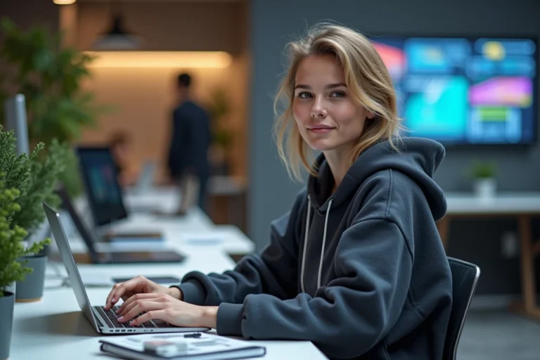 Jeune femme en startup tech au bureau moderne