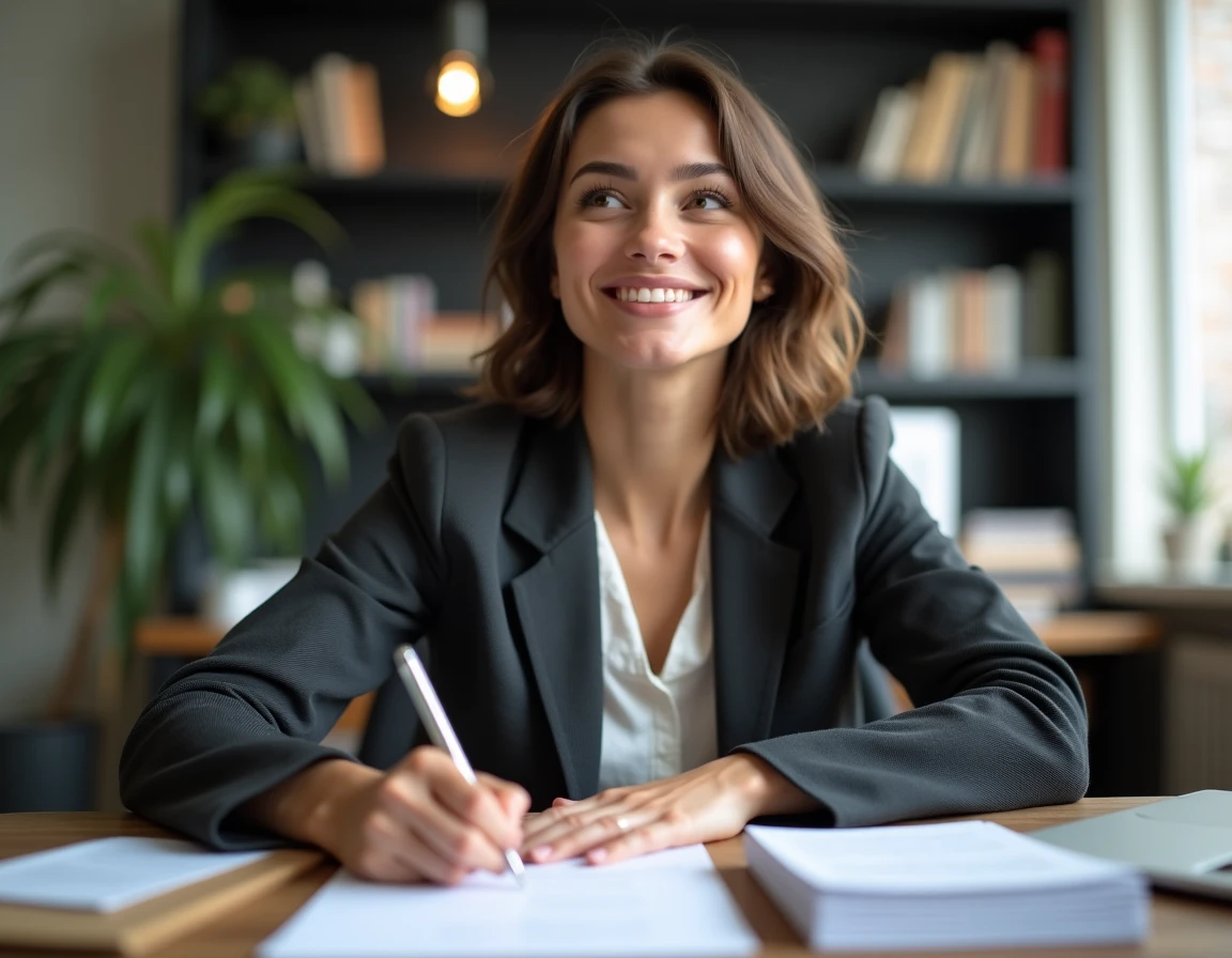 Jeune femme rédigeant avec sérieux une lettre de motivation humoristique pour assister à une fête de 40 ans de mariage