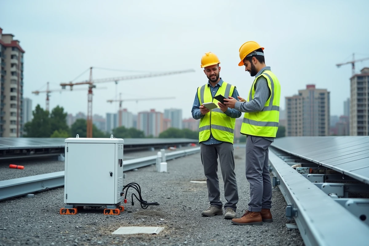 Système de batteries solaires en location sur un toit de chantier urbain avec panneaux photovoltaïques et ouvriers
