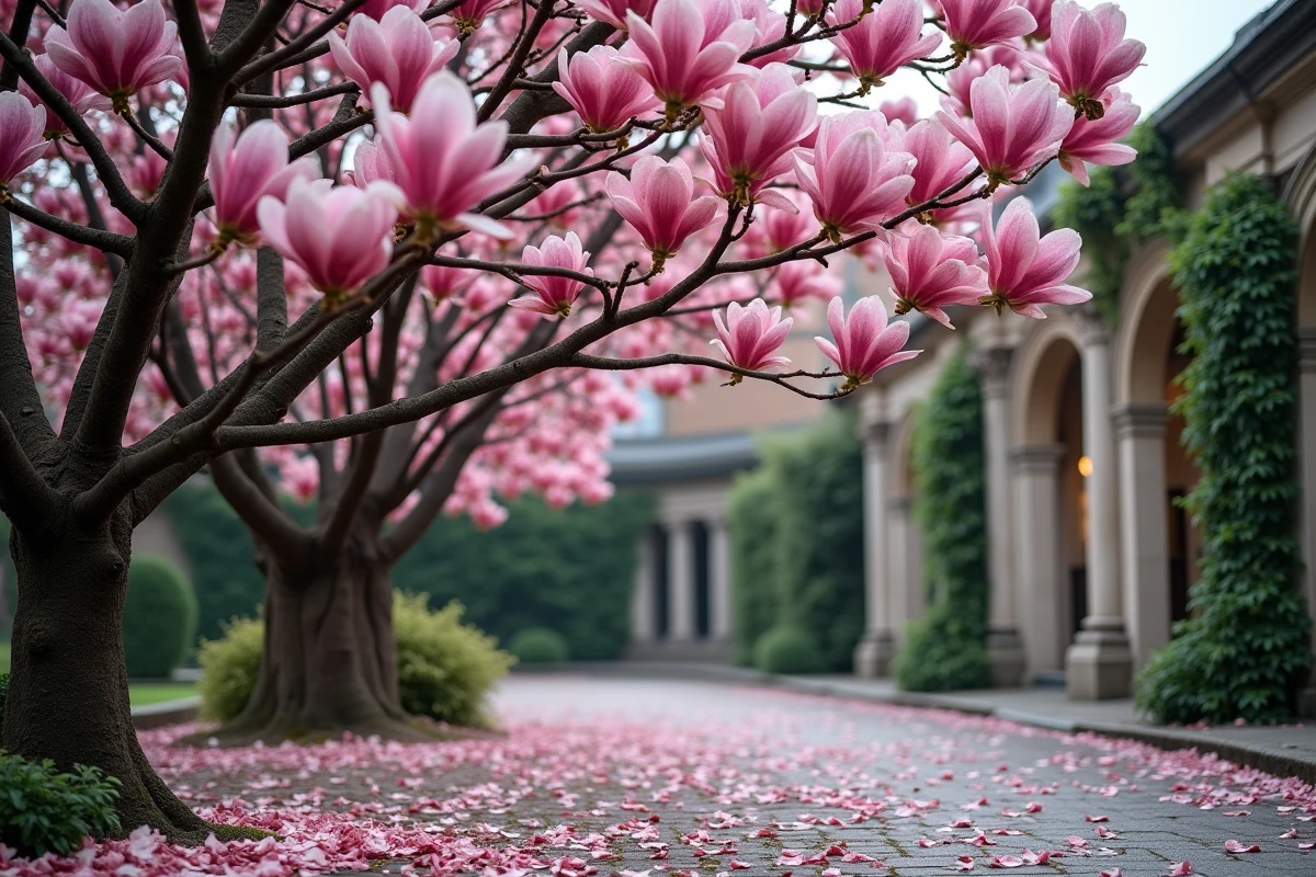 Magnolia rose en fleurs dans un jardin botanique européen avec des arches en pierre anciennes