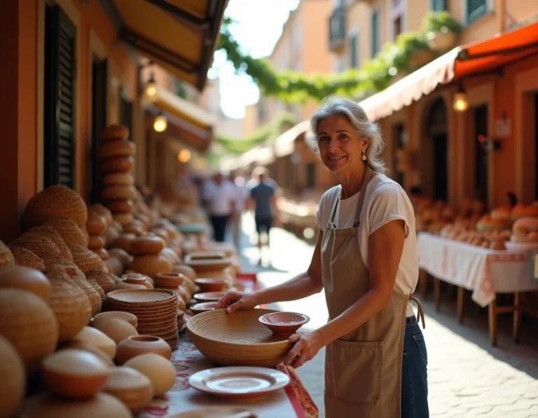 Marché en plein air à Cagliari en Sardaigne avec des stands de céramiques artisanales et produits locaux typiques