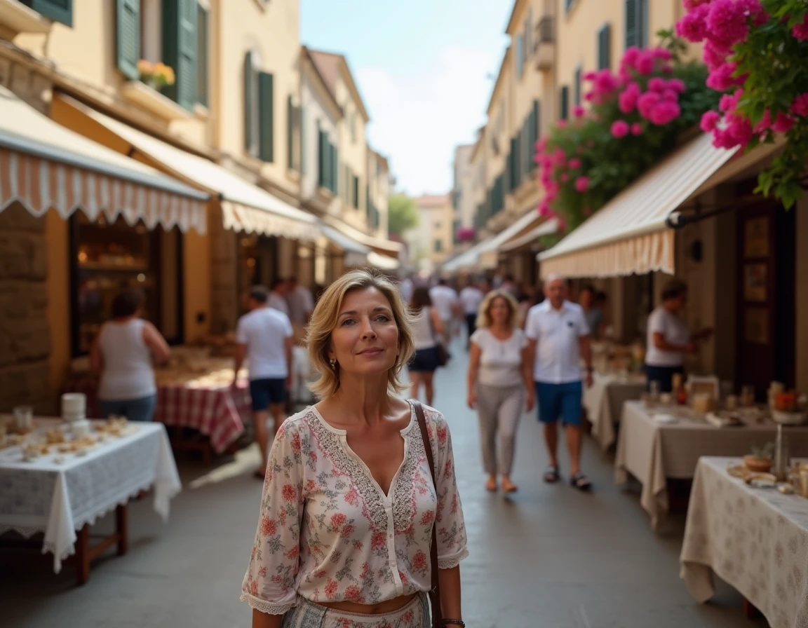 Femme faisant du shopping sur le marché hebdomadaire d'Alghero en Sardaigne avec dentelles et bijoux en filigrane