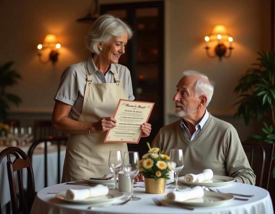 Couple senior jouant le jeu d'un faux restaurant gastronomique avec menu humoristique pour fêter 40 ans de mariage