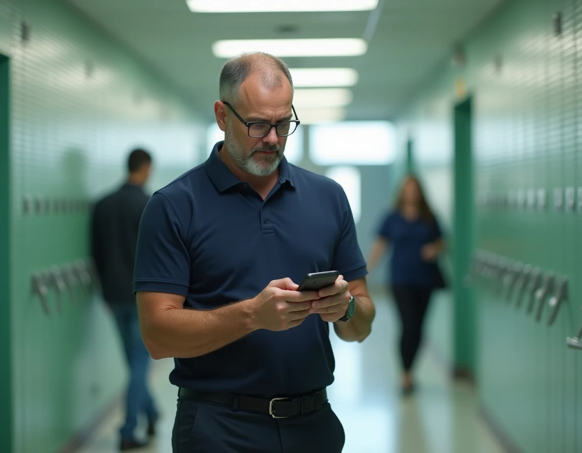 Professeur consultant ses emails professionnels sur smartphone dans le couloir d'un lycée de l'académie Aix-Marseille