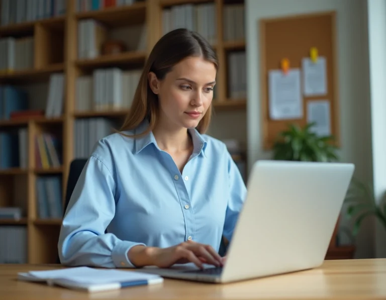 Enseignante consultant sa messagerie professionnelle académique sur un ordinateur portable dans un bureau scolaire