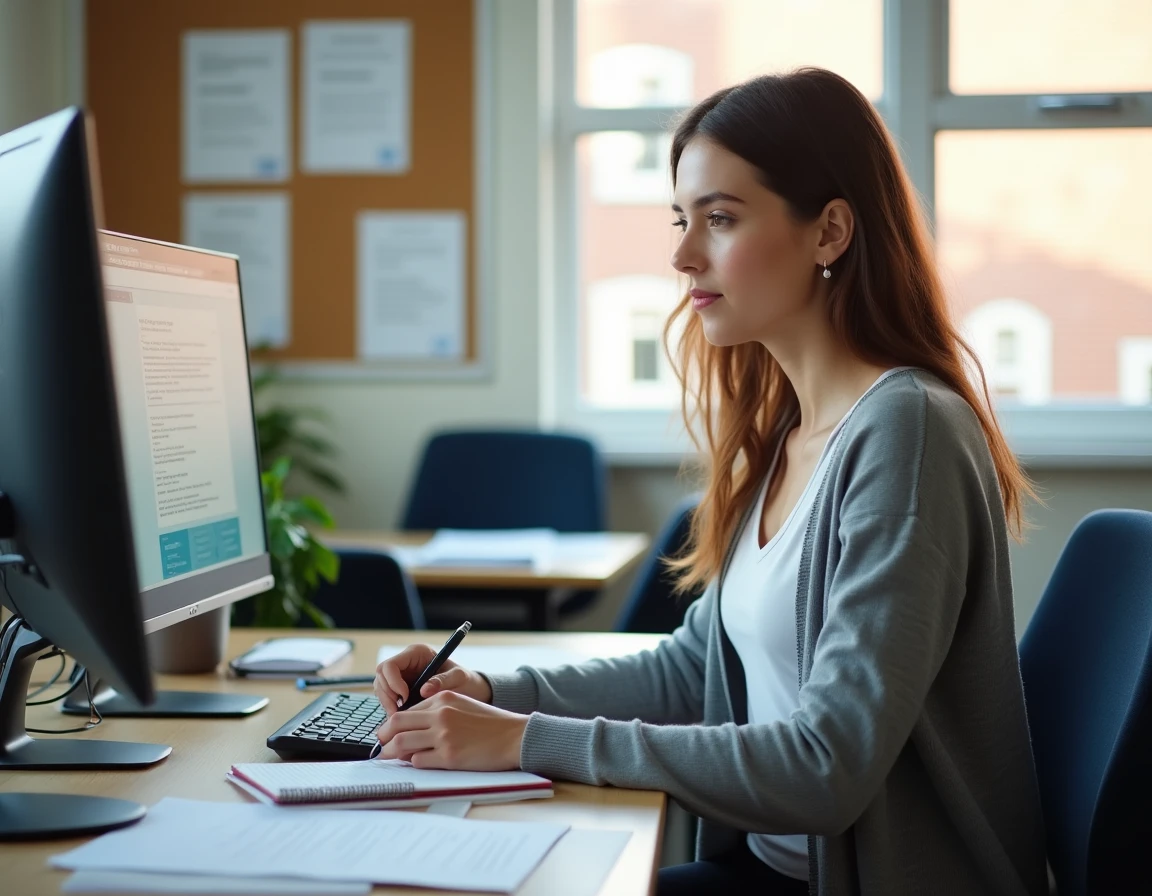 Assistante administrative prenant des notes en consultant sa messagerie professionnelle académique sur ordinateur de bureau