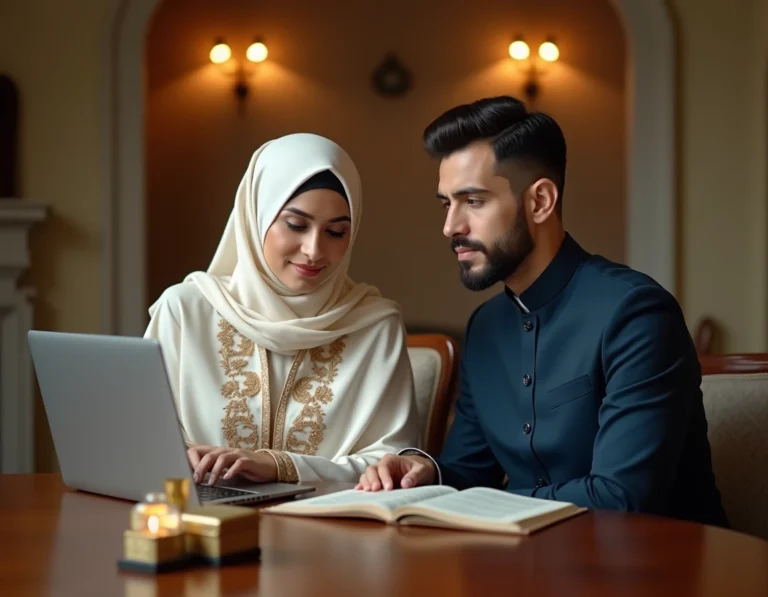 Couple musulman participant à une cérémonie de nikah à distance via un appel vidéo avec un imam, assis devant un Coran ouvert et une boîte de mahr