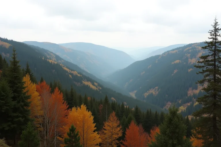 Vue panoramique automnale du Massif du Pilat avec forêts dorées et crêtes boisées s'étendant à l'horizon