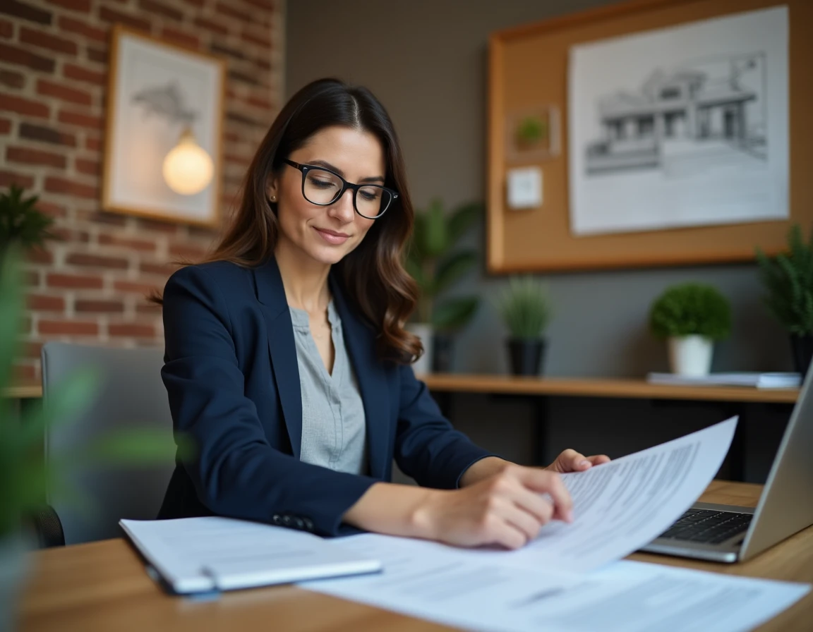 Professionnelle immobilière analysant des documents de projet sur un ordinateur portable dans un bureau moderne