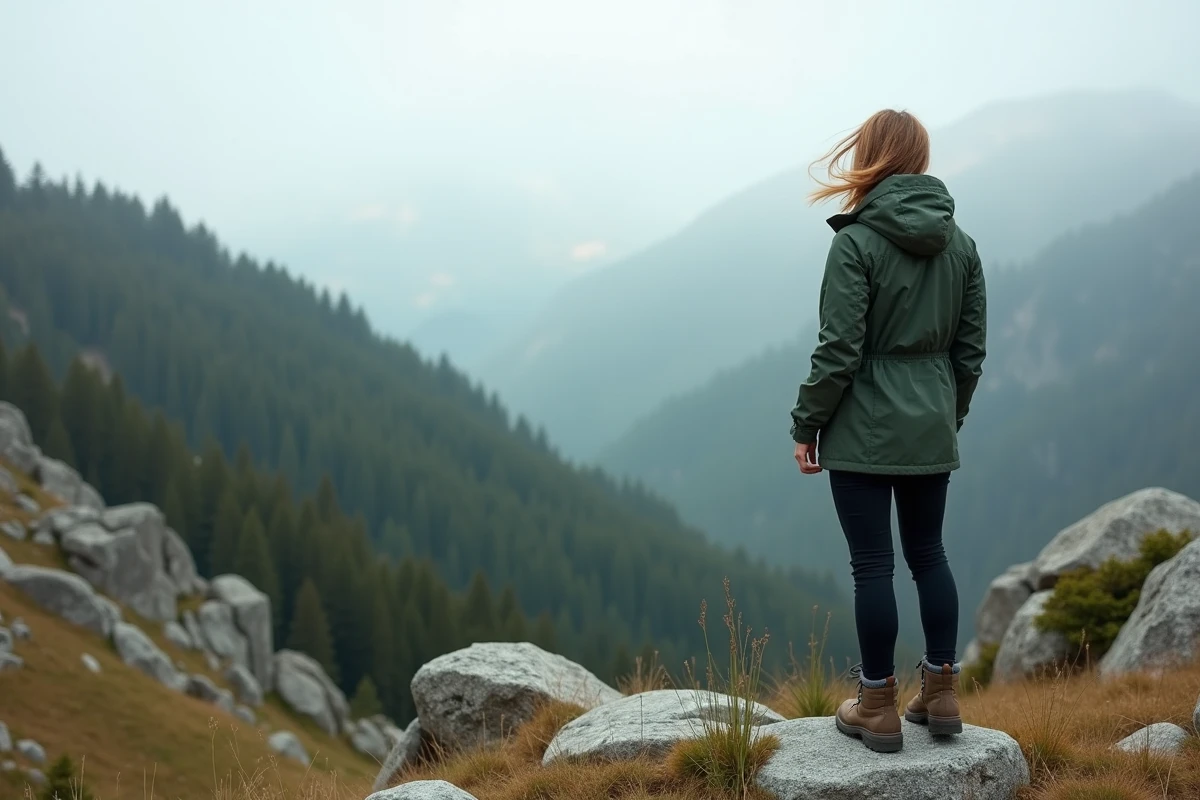 Randonneuse observant le paysage du Massif du Pilat depuis un promontoire rocheux en forêt