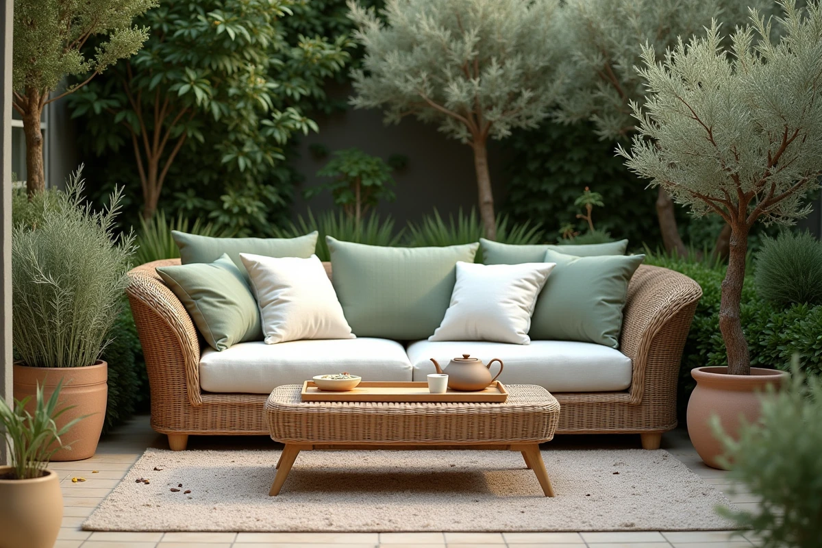 Coin salon extérieur avec canapé en rotin et coussins lin entouré de végétation dans un jardin privé