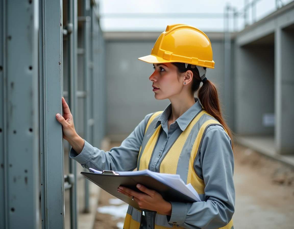 Technicienne examinant une ossature en tubes rectangulaires en aluminium sur un chantier de construction