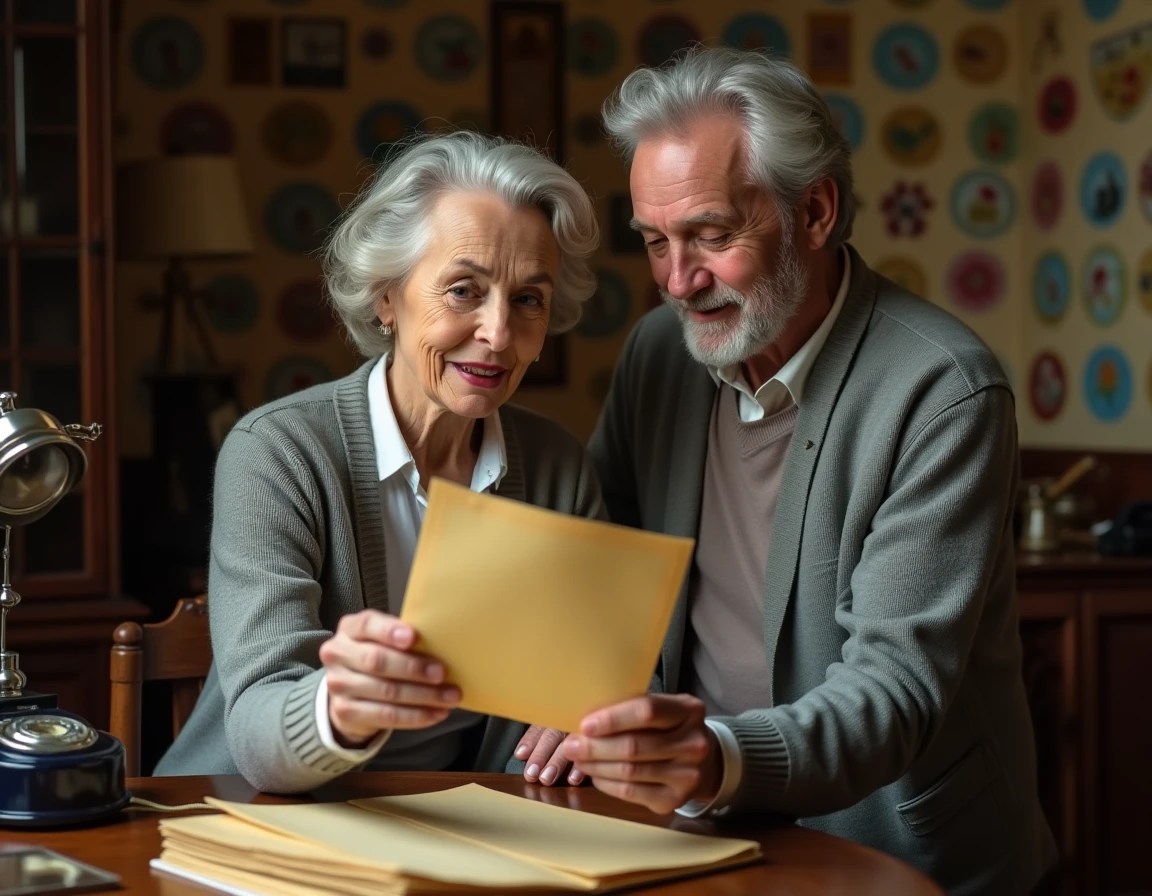 Couple senior lisant un vieux télégramme nostalgique à un bureau vintage pour commémorer 40 ans de mariage