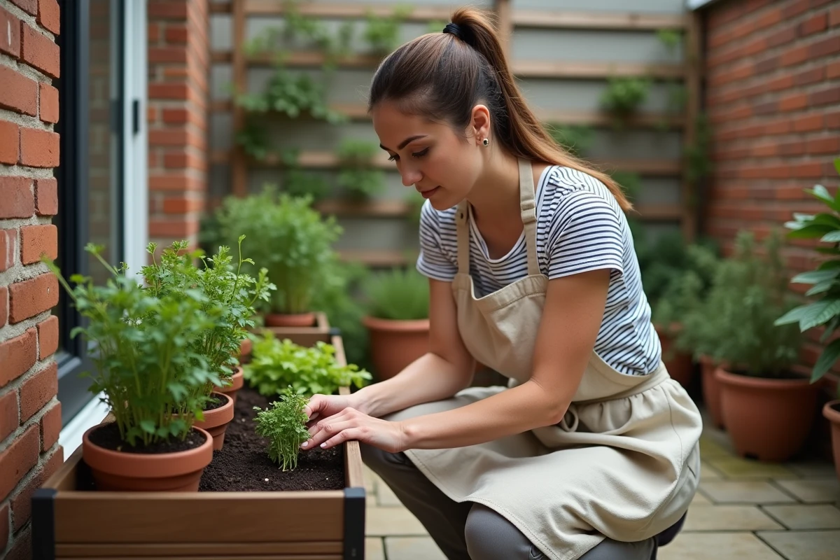Femme plantant des herbes aromatiques dans un bac en bois sur une terrasse urbaine végétalisée